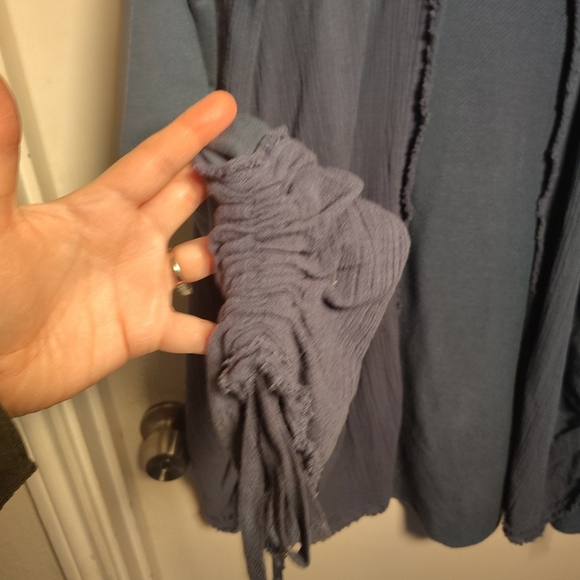 Free People Blue Get Yer Gauze Ruched Hooded Cardigan Distressed Jacket L Boho - Picture 5 of 10